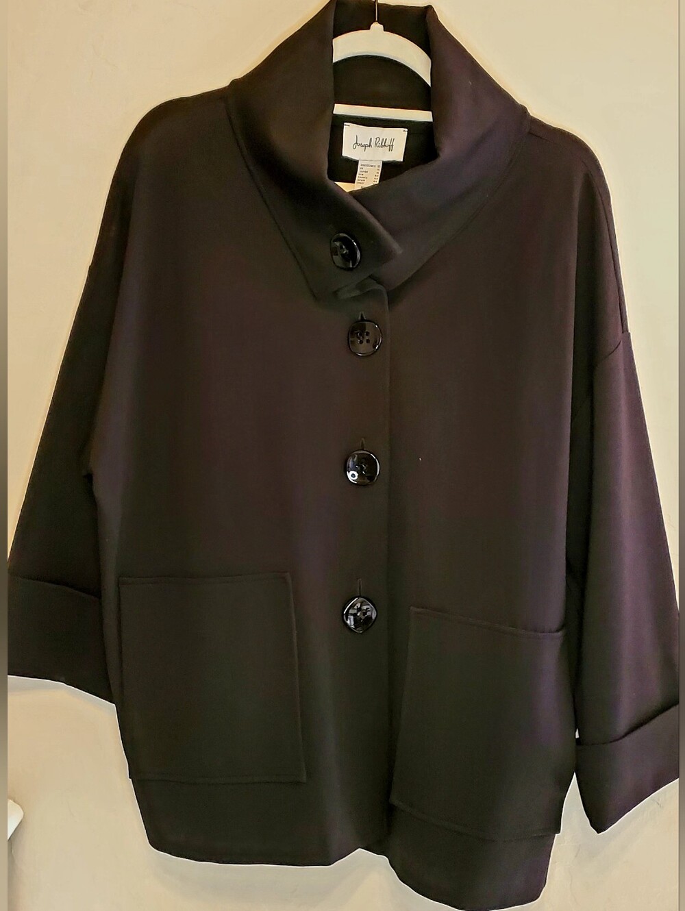 Joseph Ribkoff Size 12 Funnel Collar Oversized Black Buttons 3/4 Sleeve Jacket
